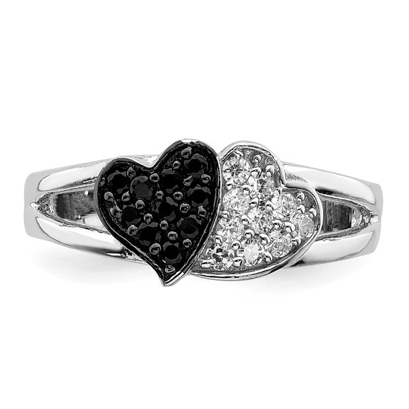 925 Sterling Silver Rhodium Clear & Black CZ Hearts Ring - Picture 5 of 6